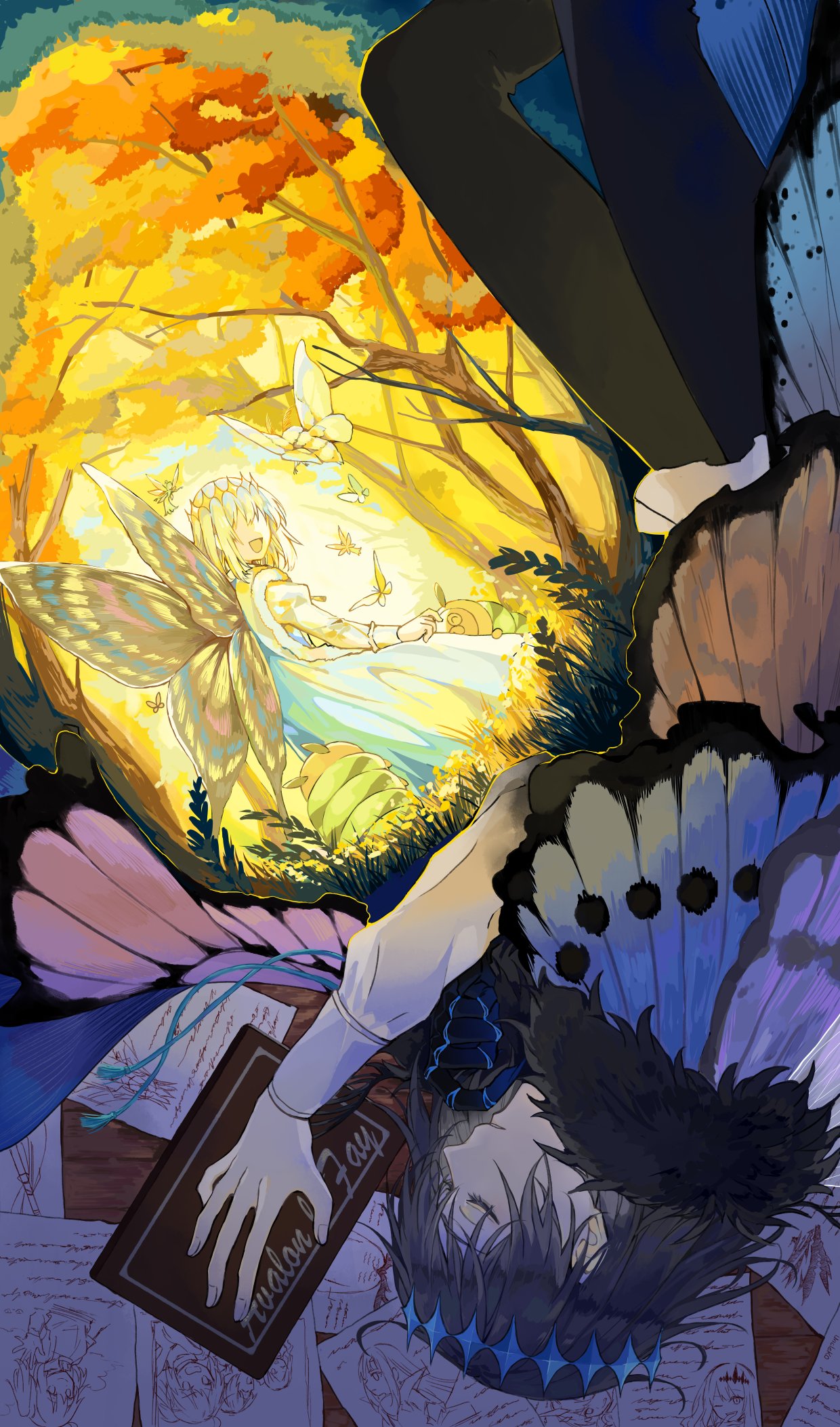1boy alternate_hair_color arthropod_boy artoria_pendragon_(caster)_(fate) artoria_pendragon_(fate) bangs black_hair black_pants blue_cape bug butterfly butterfly_wings cape cloak closed_eyes closed_mouth collared_shirt commentary_request crown diamond_hairband fairy_knight_gawain_(fate) fairy_knight_lancelot_(fate) fairy_knight_tristan_(fate) fate/grand_order fate_(series) feet_out_of_frame forest fujimaru_ritsuka_(female) fur-trimmed_cloak fur_trim gold_trim grey_hair highres insect_wings leonardo_da_vinci_(fate) leonardo_da_vinci_(rider)_(fate) long_sleeves male_focus medium_hair multiple_views nature oberon_(fate) official_alternate_costume pants puffy_sleeves shirt sleeping smile solo_focus spoilers tassel tree uncleko5 variations white_fur white_hair white_shirt wings