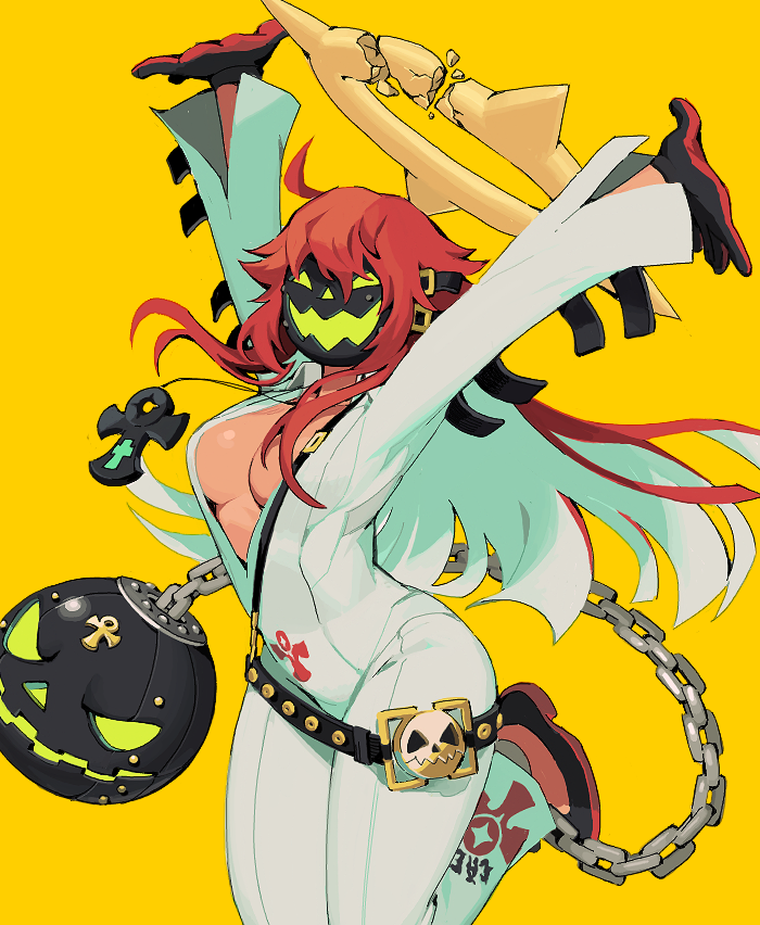 ankh ankh_necklace ball_and_chain_(weapon) ball_and_chain_restraint bangs bell-bottoms belt black_footwear black_lanyard bodysuit breasts broken_halo collared_shirt compass_rose_halo front_slit gloves glowing glowing_eyes glowing_mouth green_eyes grey_mask guilty_gear guilty_gear_strive hair_between_eyes halo jack-o'_valentine jewelry lanyard long_sleeves mask medium_breasts pants pendant plunging_neckline pumpkin_mask red_footwear red_gloves shirt shoulder_belt sorrysap studded_belt too_many_belts two-tone_footwear two-tone_gloves weapon white_bodysuit white_pants white_shirt