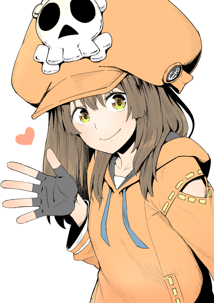 anchor_symbol black_gloves blush brown_hair commentary fingerless_gloves gloves guilty_gear guilty_gear_strive hat heart hood hoodie long_sleeves looking_at_viewer may_(guilty_gear) medium_hair orange_hoodie oversized_hat ponkotsu skull_and_crossbones smile solo upper_body waving white_background yellow_eyes