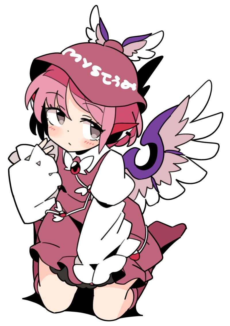 bird_wings brown_dress character_name closed_mouth dress earrings eyebrows_visible_through_hair full_body grey_eyes ini_(inunabe00) jewelry juliet_sleeves long_sleeves looking_at_viewer mystia_lorelei pink_hair puffy_sleeves seiza short_hair simple_background single_earring sitting touhou white_background white_wings winged_hat wings