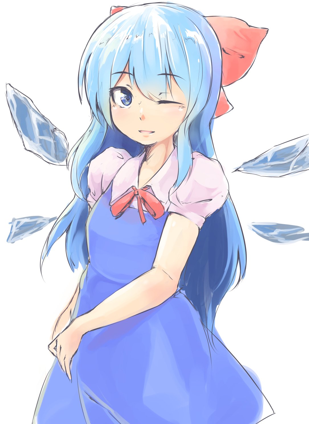 1girl ;d alternate_hair_length alternate_hairstyle blue_dress blue_eyes blue_hair bow cirno dress ginnkei hair_bow highres ice ice_wings light_smile long_hair looking_at_viewer one_eye_closed short_sleeves simple_background smile solo touhou very_long_hair white_background wings