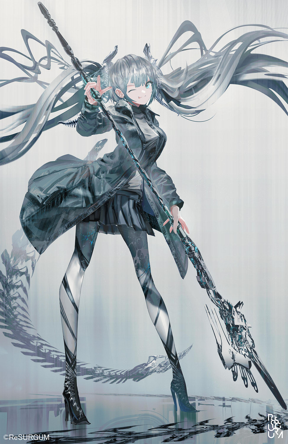 1girl ;p bangs black_footwear black_jacket black_skirt blue_eyes breasts closed_mouth commentary_request grey_hair grey_legwear grey_shirt high_heels highres holding holding_polearm holding_weapon jacket long_hair looking_at_viewer medium_breasts one_eye_closed open_clothes open_jacket original pantyhose pleated_skirt polearm reflection shirt shoes skirt smile solo spear swav tongue tongue_out twintails twitter_username very_long_hair weapon