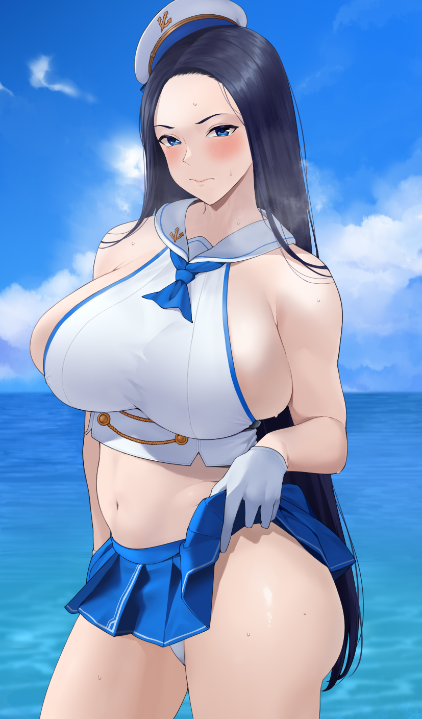 1girl anchor_symbol ascot bangs belly black_hair blue_ascot blue_eyes blue_skirt blue_sky blush breasts breath buttons closed_mouth clothes_lift clouds cloudy_sky commentary cowboy_shot cropped_shirt day double-breasted forehead gloves hat heavy_breathing highleg highleg_panties highres huge_breasts invincible_dragon_(last_origin) last_origin lifted_by_self lips long_hair looking_at_viewer miniskirt navel ocean outdoors panties parted_bangs pleated_skirt rinrin_(user_tvcf4347) sailor_collar sailor_hat shirt sideboob skindentation skirt skirt_lift sky sleeveless sleeveless_shirt solo standing stomach straight_hair sweat thighs tilted_headwear undersized_clothes underwear white_gloves white_headwear white_panties white_shirt