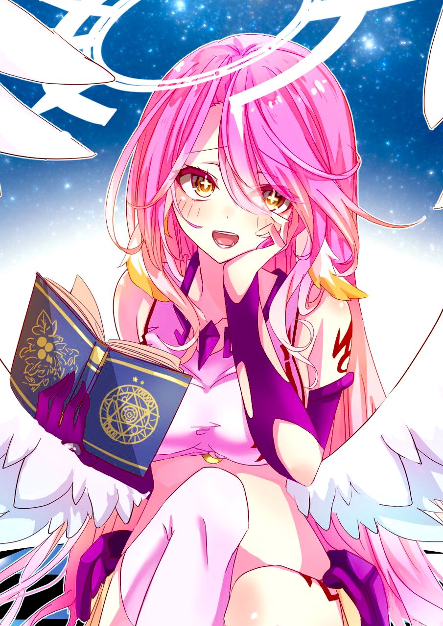 1girl angel angel_wings blush book breasts commentary_request commission crop_top cross feathered_wings gloves gradient_hair halo highres holding holding_book jibril_(no_game_no_life) large_breasts long_hair looking_at_viewer low_wings magic_circle midriff moya_44444 multicolored_eyes multicolored_hair no_game_no_life open_mouth orange_eyes pink_hair single_thighhigh skeb_commission solo symbol-shaped_pupils tattoo teeth thigh-highs white_wings wing_ears wings yellow_eyes