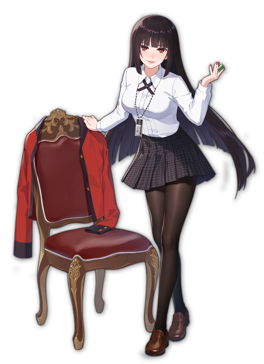 1girl artist_request bangs blunt_bangs brown_footwear chair collared_shirt eyebrows_visible_through_hair formal game_cg highres hime_cut holding houndstooth hyakkaou_academy_uniform jabami_yumeko jacket jacket_removed kakegurui lips looking_at_viewer mahjong mahjong_soul mahjong_tile official_art pleated_skirt red_jacket red_suit shirt simple_background skirt suit suit_jacket third-party_source transparent_background white_shirt yostar