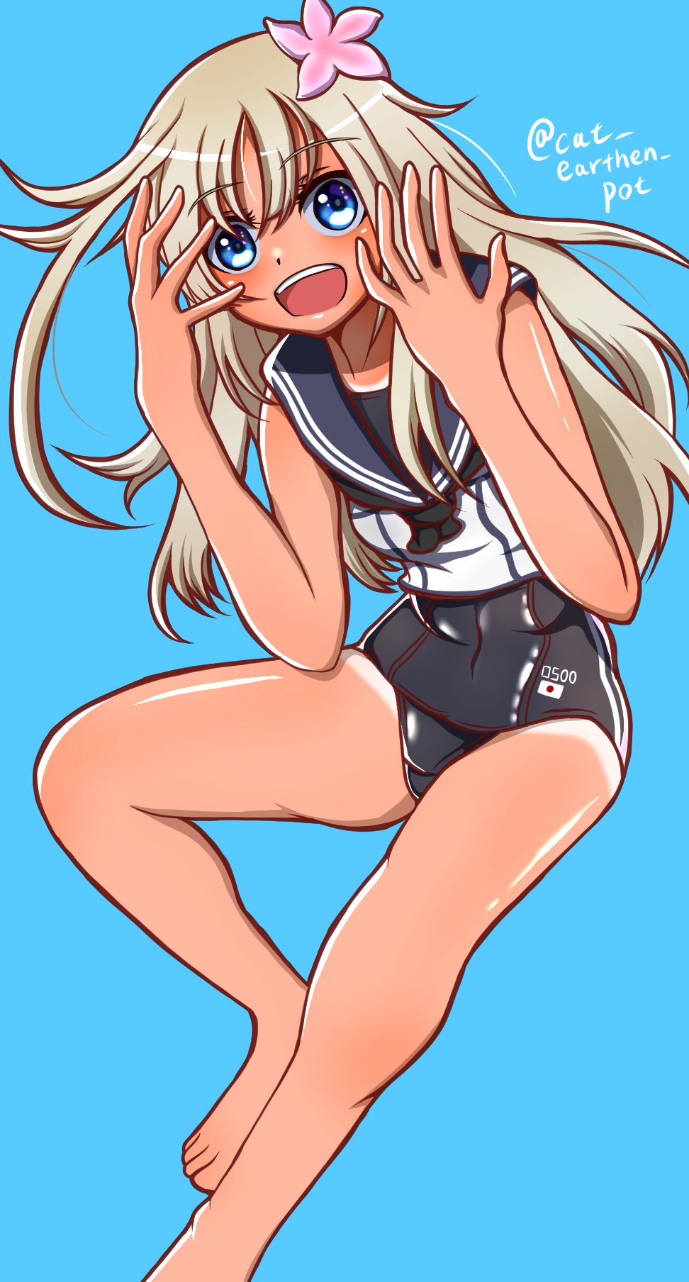 1girl barefoot black_sailor_collar black_swimsuit blonde_hair blue_background blue_eyes cat_earthen_pot character_name commentary_request crop_top feet_out_of_frame flower hair_flower hair_ornament highres kantai_collection long_hair looking_at_viewer one-hour_drawing_challenge one-piece_tan open_mouth ro-500_(kancolle) sailor_collar school_swimsuit shirt sleeveless sleeveless_shirt smile solo swimsuit swimsuit_under_clothes tan tanlines teeth toes twitter_username upper_teeth