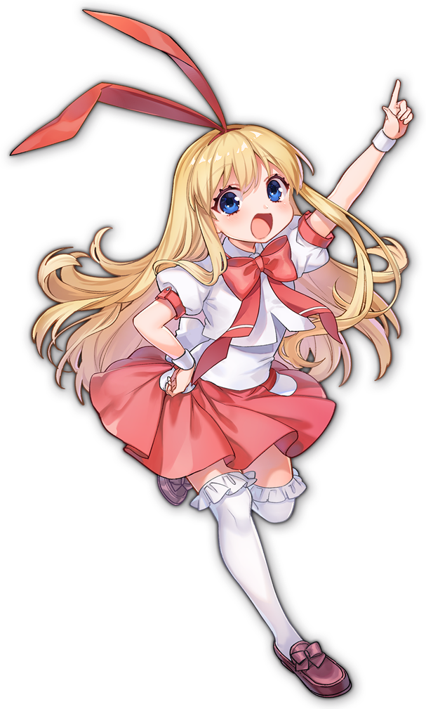 1girl amae_koromo artist_request blonde_hair blue_eyes bow brown_footwear child eyebrows_visible_through_hair frills game_cg hand_on_hip looking_at_viewer mahjong_soul official_art open_mouth pointing red_bow saki school_uniform simple_background solo thigh-highs third-party_source transparent_background yostar