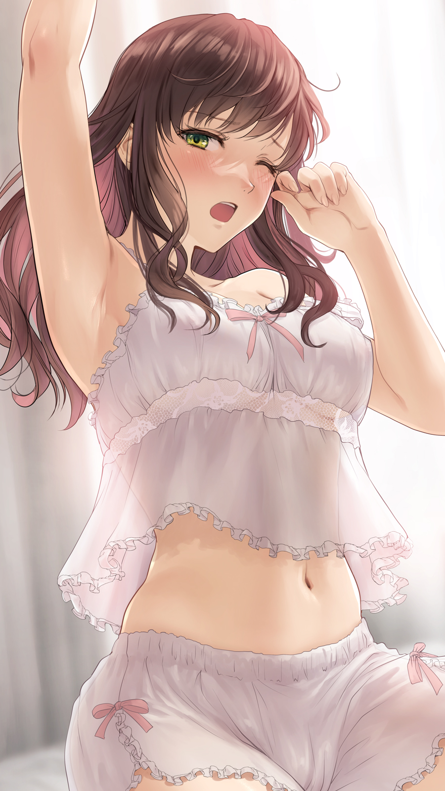 1girl arm_up armpits bangs breasts brown_hair commentary_request curtains eyebrows_visible_through_hair green_eyes highres indoors lingerie medium_breasts messy_hair midriff navel negligee one_eye_closed open_mouth original sleepwear solo teeth underwear upper_teeth wavy_hair white_negligee yawning yukino_cg
