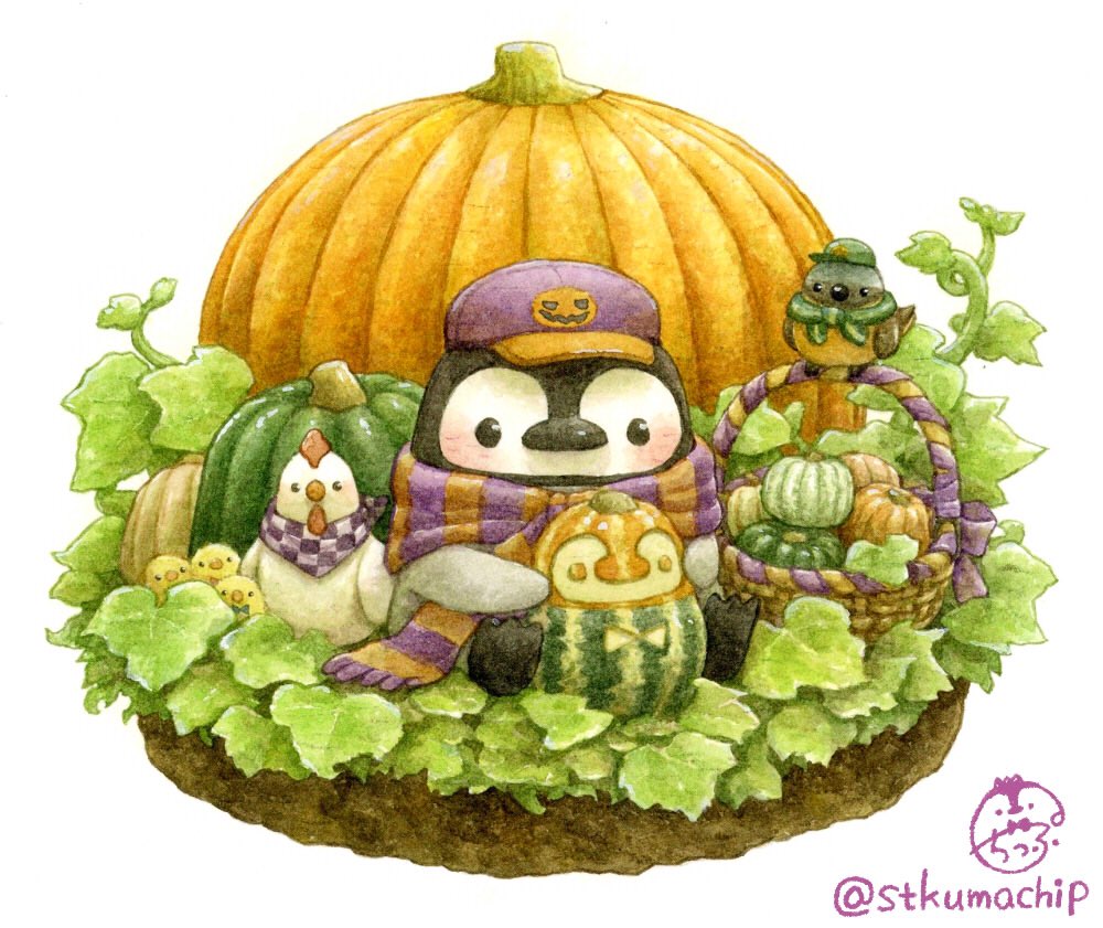 basket bird chick chicken food fruit halloween jack-o'-lantern no_humans original penguin pumpkin signature st.kuma twitter_username watermelon