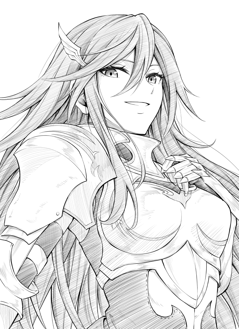 1girl armor bangs breastplate cordelia_(fire_emblem) feather_hair_ornament feathers fire_emblem fire_emblem_awakening gloves greyscale hair_between_eyes hair_ornament long_hair looking_at_viewer monochrome pegasus_knight_uniform_(fire_emblem) smile solo ten_(tenchan_man) upper_body white_background