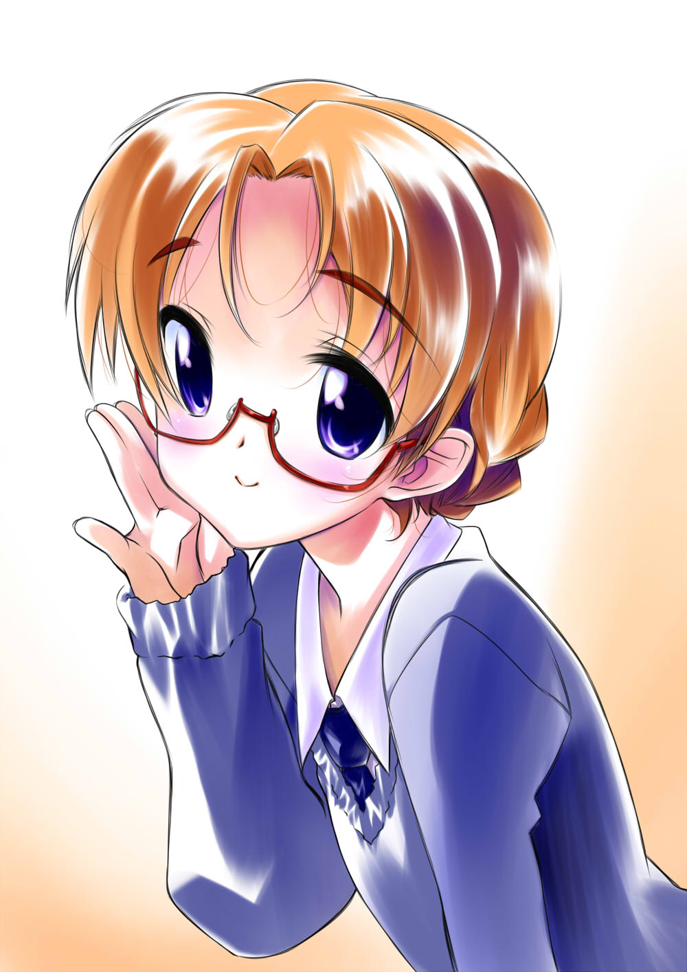 1girl adjusting_eyewear bangs bespectacled black_necktie blue_eyes blue_sweater braid closed_mouth commentary_request dress_shirt eyebrows_visible_through_hair girls_und_panzer glasses highres leaning_forward long_sleeves looking_at_viewer necktie orange_hair orange_pekoe_(girls_und_panzer) parted_bangs partial_commentary school_uniform senomoto_hisashi shirt short_hair smile solo st._gloriana's_school_uniform sweater tied_hair upper_body v-neck white_shirt wing_collar