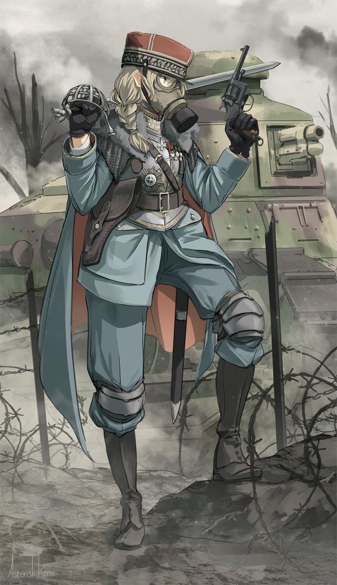 1girl asterisk_kome barbed_wire boots cape commentary dual_wielding french_army gas_mask ground_vehicle gun hat highres holding holding_gun holding_sword holding_weapon mask medal military military_hat military_uniform military_vehicle motor_vehicle original revolver saber_(weapon) scabbard sheath smoke sword tank trench uniform vehicle_request weapon world_war_i