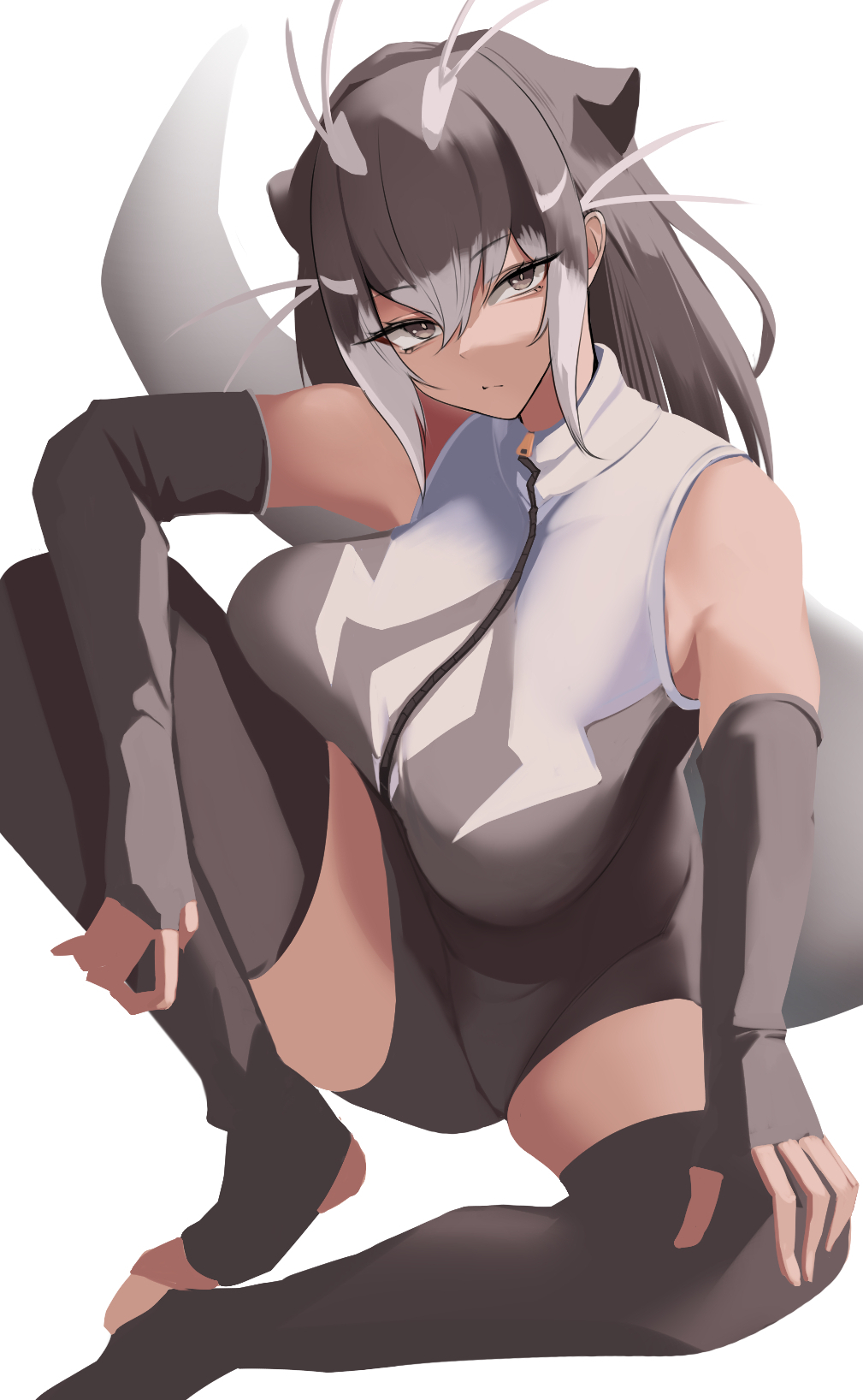 1girl :/ alternate_breast_size animal_ears antenna_hair arm_rest bangs bare_shoulders breasts brown_eyes brown_hair brown_swimsuit buchibussei closed_mouth elbow_gloves extra_ears eyebrows_visible_through_hair eyelashes fingerless_gloves front_zipper_swimsuit giant_otter_(kemono_friends) gloves grey_hair grey_swimsuit hair_between_eyes hand_rest head_tilt highres huge_breasts kemono_friends knee_up long_hair looking_at_viewer meme_attire multicolored_hair one-piece_swimsuit otter_ears otter_girl otter_tail simple_background sitting solo spread_legs swimsuit tail tan thigh-highs toeless_legwear turtleneck_swimsuit twisted_torso two-tone_hair two-tone_swimsuit unaligned_breasts white_background zipper_pull_tab