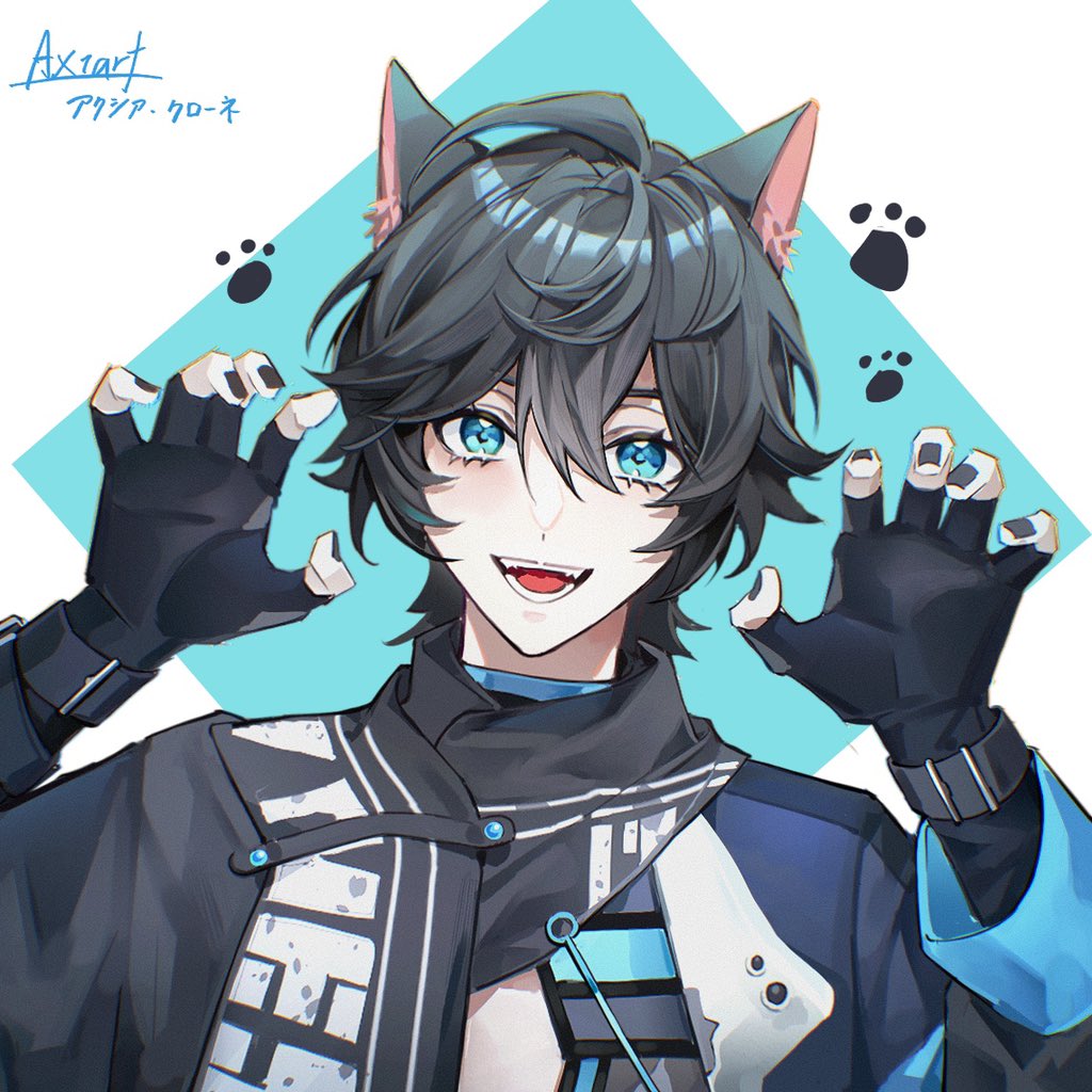 1boy animal_ears aqua_vest axia_krone bangs black_gloves black_hair black_nails black_scarf blue_eyes character_name gloves hair_behind_ear looking_at_viewer male_focus neru_(jojo86080879) nijisanji open_mouth pale_skin scarf short_hair solo virtual_youtuber