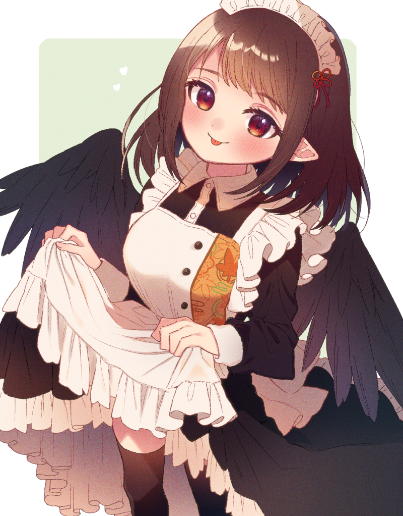 1girl :p alternate_costume apron black_legwear black_wings blush brown_hair dress enmaided feathered_wings frills long_sleeves looking_at_viewer maid maid_apron maid_headdress no_hat no_headwear pointy_ears puffy_sleeves red_eyes shameimaru_aya skirt_hold smile solo thigh-highs tongue tongue_out touhou touya_(konpekitou) white_apron wings