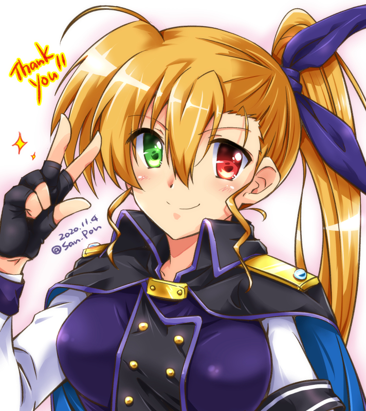 1girl armband asymmetrical_bangs bangs black_cape black_gloves blonde_hair blue_ribbon blue_vest cape closed_mouth commentary_request dated english_text epaulettes eyebrows_visible_through_hair fingerless_gloves gloves green_eyes hair_between_eyes hair_ribbon heterochromia long_hair long_sleeves looking_at_viewer lyrical_nanoha mahou_shoujo_lyrical_nanoha_vivid partial_commentary red_eyes ribbon san-pon shirt side_ponytail smile solo thank_you twitter_username upper_body vest vivio w white_shirt