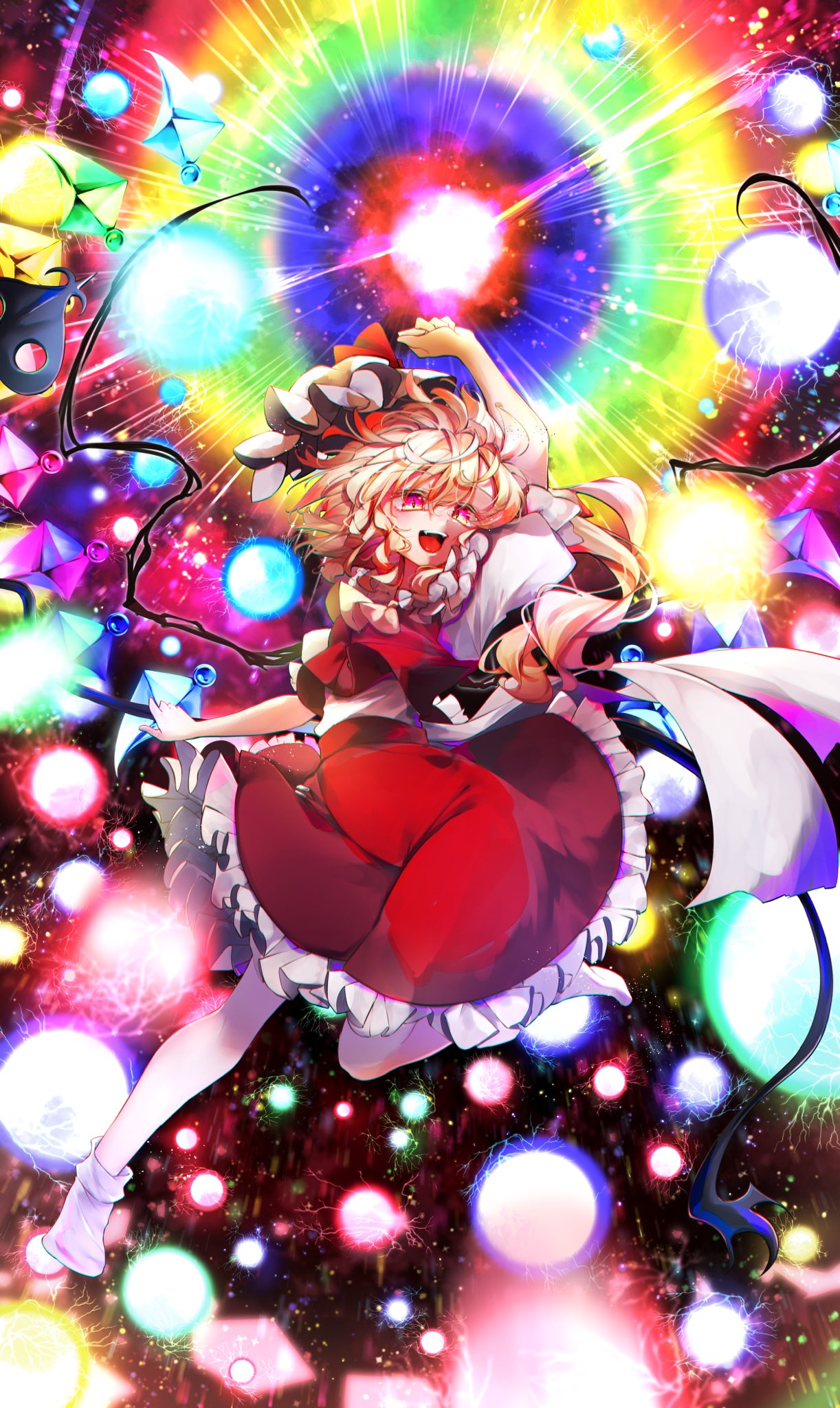 1girl :d ascot bangs blonde_hair calpis118 crystal flandre_scarlet full_body hat highres laevatein_(touhou) looking_at_viewer mob_cap one_side_up open_mouth puffy_short_sleeves puffy_sleeves rainbow red_eyes red_skirt red_vest shirt short_sleeves skirt smile solo spell_card touhou vest white_headwear white_legwear white_shirt wings yellow_ascot