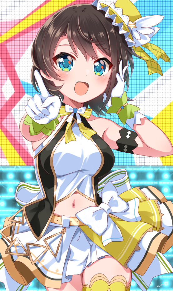 1girl :d bangs belt black_vest blue_eyes bow bow_skirt bowtie breasts brown_hair commentary_request eyebrows_visible_through_hair gloves green_headwear green_legwear hands_up happy hat hat_ornament hololive hololive_idol_uniform idol idol_clothes index_finger_raised layered_skirt looking_at_viewer medium_breasts midriff mini_hat mini_top_hat miniskirt multicolored_background navel official_alternate_costume oozora_subaru open_mouth pleated_skirt shirt short_hair sidelocks skirt sleeveless sleeveless_shirt smile solo standing star_(symbol) star_hat_ornament swept_bangs thigh-highs tilted_headwear top_hat usagi_koushaku vest virtual_youtuber white_bow white_gloves white_shirt white_skirt wrist_cuffs yellow_bow yellow_bowtie