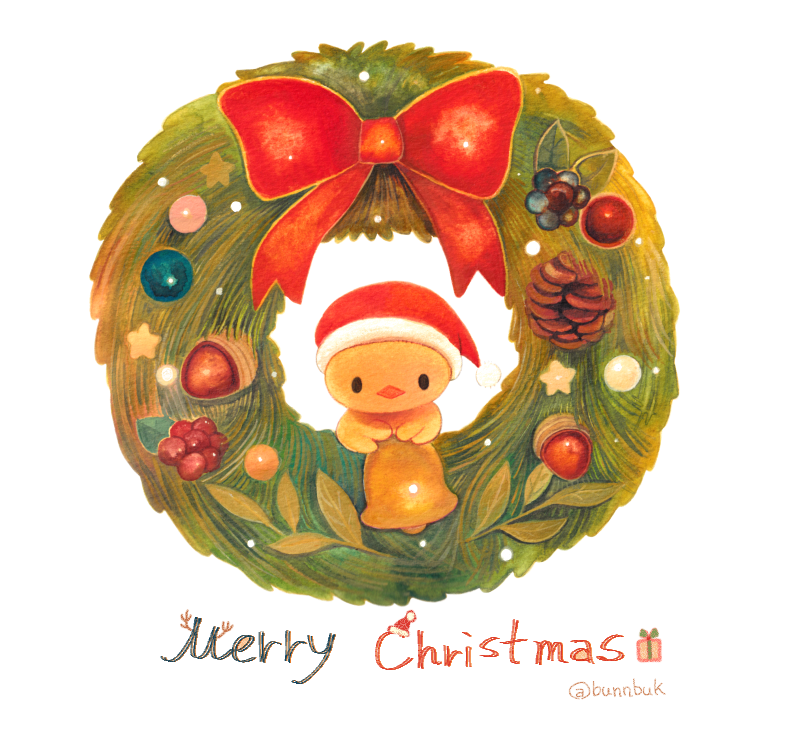 acorn bell berries bird bow buku_(bunnbuk) chick christmas_wreath holding holding_bell looking_at_viewer merry_christmas no_humans original pinecone red_bow santa_hat star twitter_username