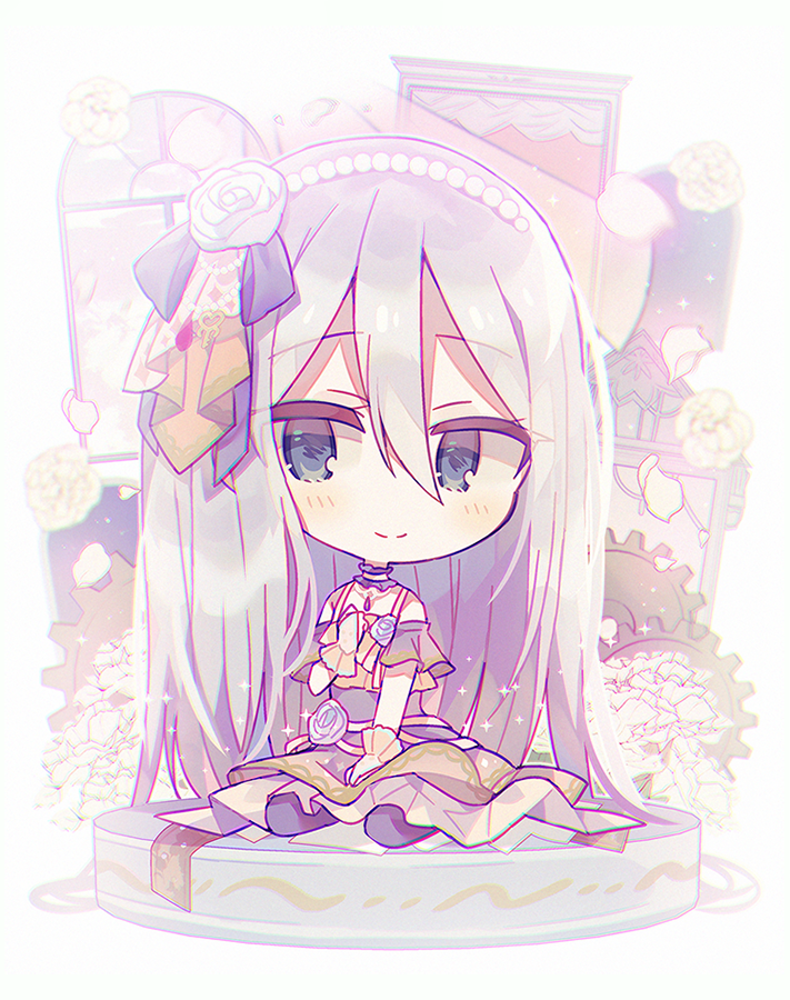 1girl amano_mizu beads between_legs blue_eyes bridal_gauntlets chibi chromatic_aberration clenched_hand closed_mouth detached_collar dress eyebrows_visible_through_hair facing_viewer flower full_body gears hair_between_eyes hair_flower hair_ornament hair_ribbon hand_between_legs hand_on_own_chest happy headpiece key key_hair_ornament layered_dress light_blush light_particles light_smile long_hair no_nose off-shoulder_dress off_shoulder pearl_hair_ornament petals project_sekai purple_dress purple_legwear ribbon shiny shiny_hair sideways_glance silver_hair simple_background sitting solo spaghetti_strap sparkle straight_hair tsurime very_long_hair white_background white_flower window yellow_flower yoisaki_kanade