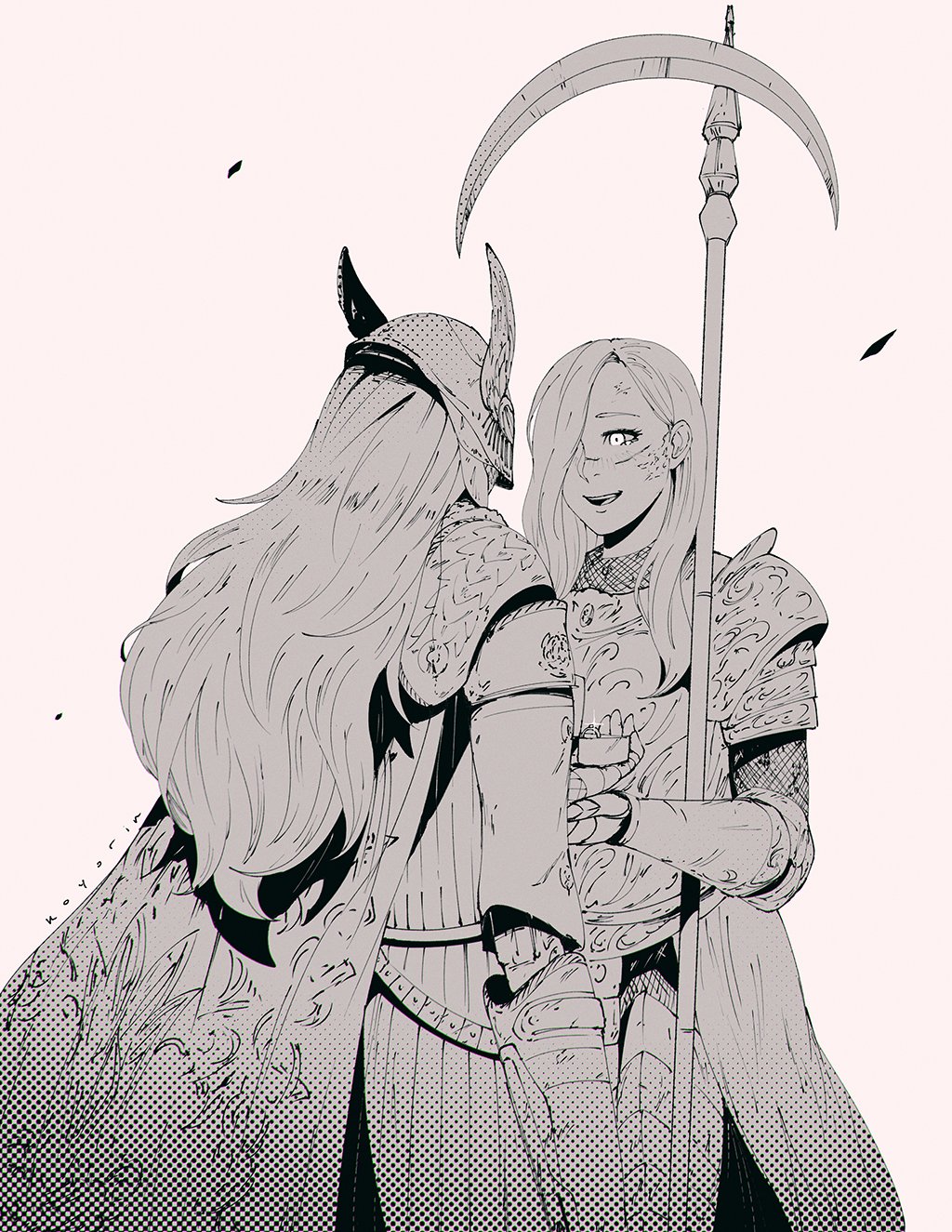 2girls amputee armor breastplate cape cleanrot_knight_finlay dress elden_ring eye_contact full_armor gauntlets greyscale highres holding_hands knight koyorin looking_at_another malenia_blade_of_miquella monochrome multiple_girls one_knee parted_lips pauldrons plate_armor prosthesis prosthetic_arm shoulder_armor smile standing yuri