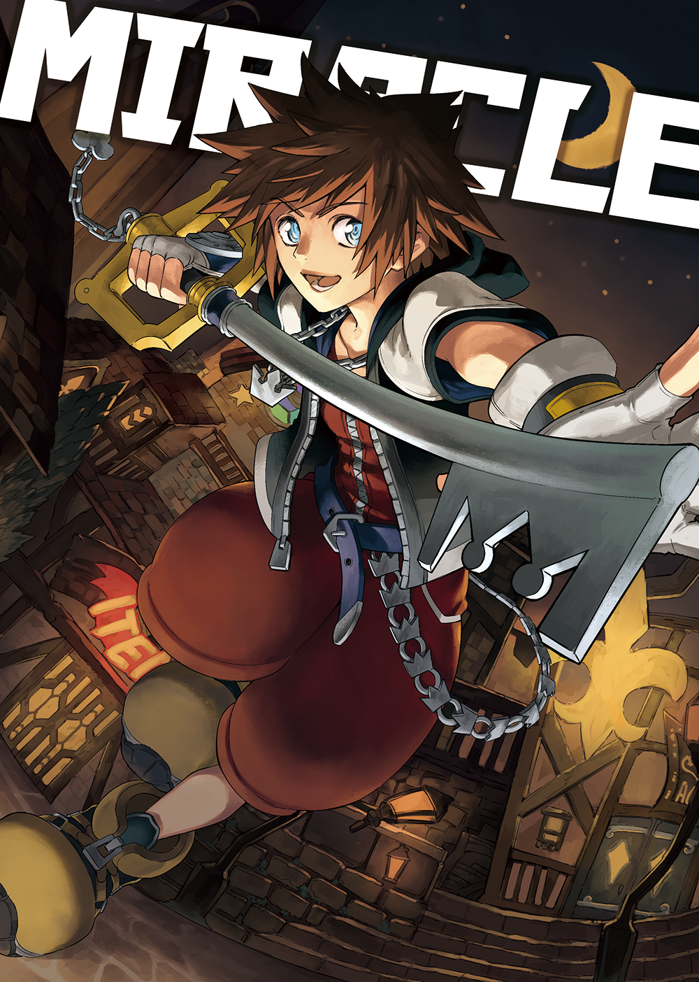 1boy belt black_hoodie blue_belt blue_eyes brown_hair cover cover_page doujin_cover fingerless_gloves gloves highres holding holding_weapon hood hoodie jewelry keyblade kingdom_hearts male_focus necklace ohji130 open_hand open_mouth red_shorts shorts smile solo sora_(kingdom_hearts) weapon white_gloves yellow_footwear