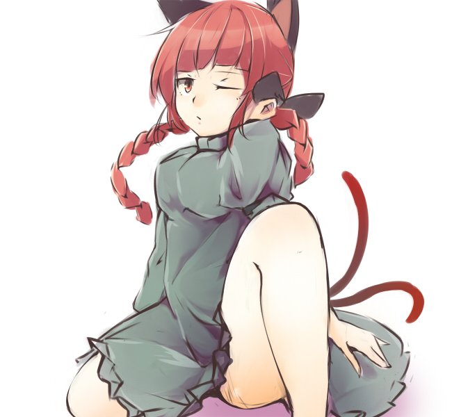1girl ;/ animal_ears arm_support bangs blunt_bangs braid cat_ears cat_tail dress extra_ears feet_out_of_frame ginnkei kaenbyou_rin knee_up multiple_tails one_eye_closed red_eyes redhead simple_background tail touhou twin_braids white_background