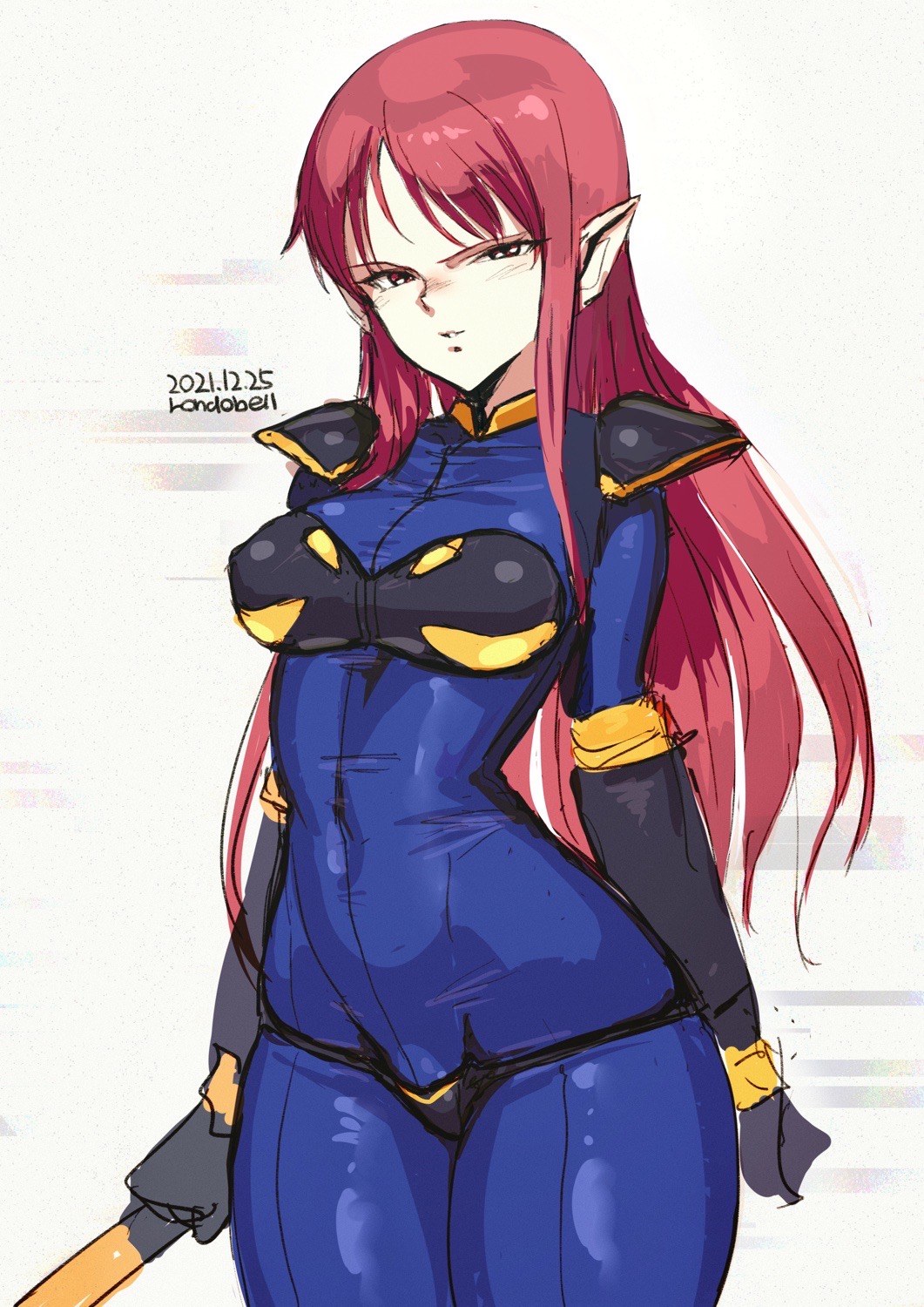 1girl artist_name blue_bodysuit bodysuit breasts covered_navel dated hair_behind_ear half-closed_eyes highres holding holding_staff iczer-2 iczer_(series) long_hair looking_at_viewer medium_breasts parted_lips pilot_suit pointy_ears red_eyes redhead rondo_bell sketch smile solo staff tatakae!!_iczer-1 tsurime very_long_hair