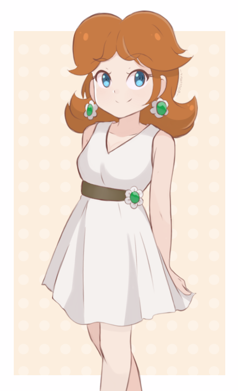 1girl alternate_costume bare_arms bare_shoulders belt blue_eyes border brown_hair casual chocomiru closed_mouth dress dress_shirt earrings eyebrows_visible_through_hair jewelry looking_at_viewer nose polka_dot polka_dot_background princess_daisy shirt smile solo sundress super_mario_bros. v_neck white_border white_dress