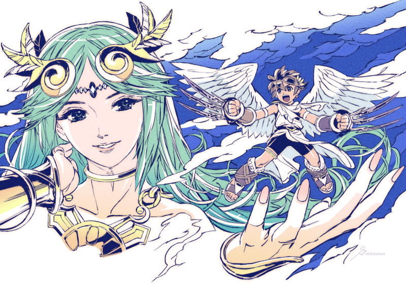 1boy 1girl angel angel_wings bracer brown_hair claw_(weapon) collarbone cropped_torso full_body green_hair kid_icarus kid_icarus_uprising noguchi_toshio open_mouth palutena parted_lips pit_(kid_icarus) sandals size_difference smile weapon wings