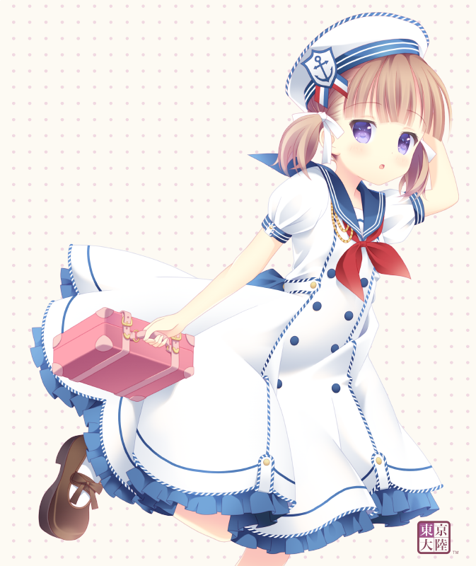 1girl :o anchor_symbol artist_logo artist_name bangs black_footwear blue_sailor_collar blunt_bangs briefcase commentary_request dress eyebrows_visible_through_hair hair_ribbon hand_on_headwear hat holding holding_briefcase kurasawa_kyoushou leaning_forward leg_up light_brown_hair looking_at_viewer lost_tree mary_janes medium_dress neckerchief open_mouth original polka_dot polka_dot_background puffy_short_sleeves puffy_sleeves red_neckerchief ribbon sailor_collar sailor_dress sailor_hat shoes short_hair short_sleeves short_twintails socks solo standing standing_on_one_leg twintails violet_eyes white_dress white_headwear white_legwear white_ribbon yellow_background