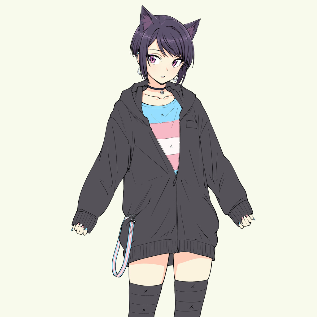 1non-binary animal_ears black_hoodie blonde_hair cat_ears choker ear_piercing earrings extra_ears hood hoodie jewelry lgbt_pride looking_to_the_side nail_polish nyanbinary pas'_black-haired_catperson pas_(paxiti) piercing pride_flag queer sleeves_past_wrists solo standing thigh-highs trans transgender transgender_flag unfinished violet_eyes