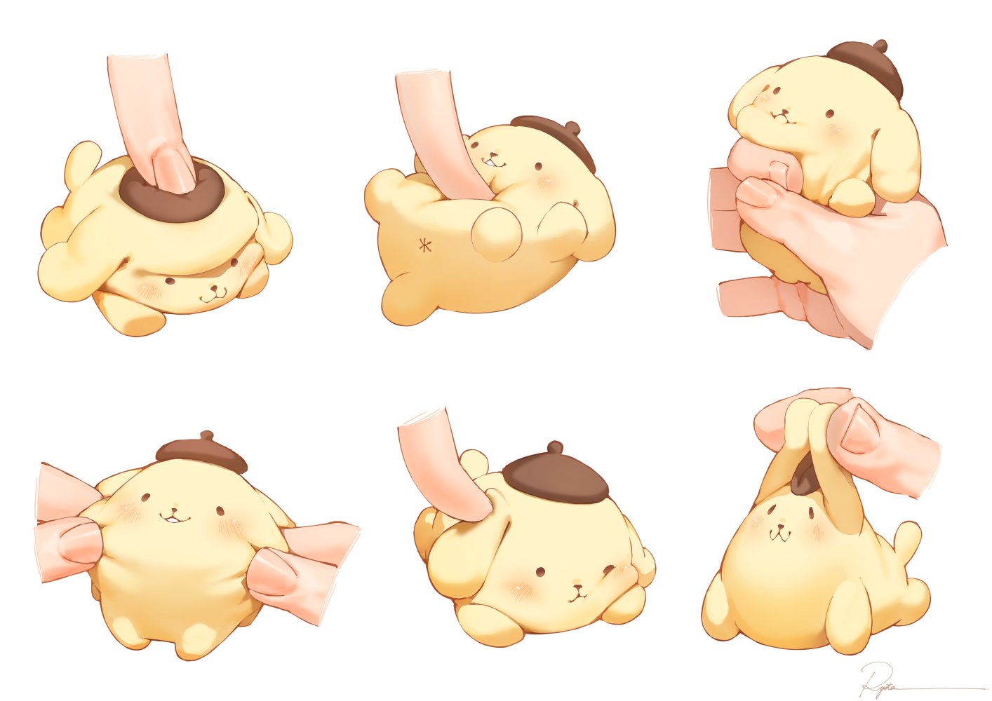 1other :3 animal_focus belly_poke beret blush brown_headwear cheek_pull dog ear_pull fingernails hat pompompurin ryota_(ry_o_ta) sanrio simple_background solid_circle_eyes squishing white_background