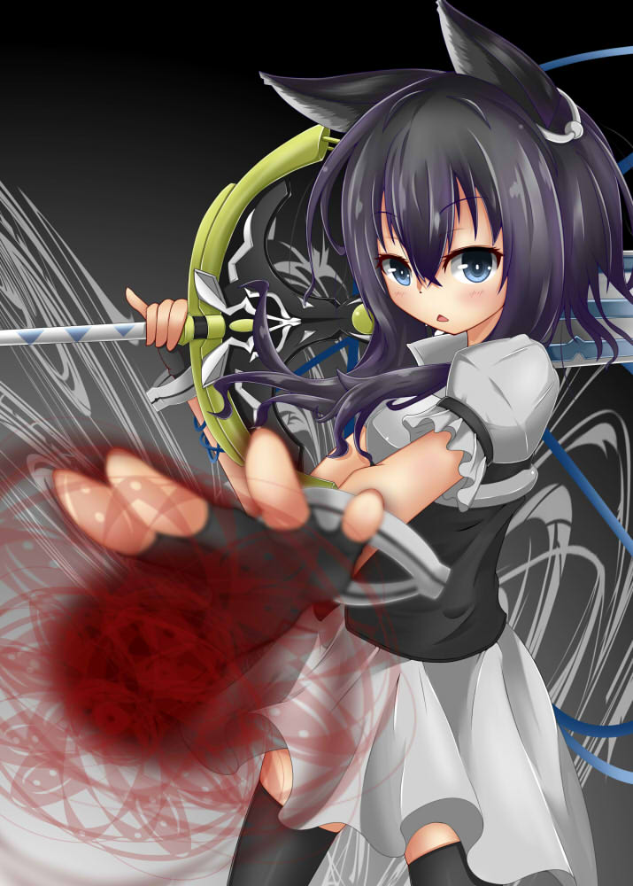 animal_ears black_gloves black_hair blue_eyes blush body_armor bright_pupils cat_ears cat_girl chest_armor commentary dress earrings energy energy_ball eyebrows_visible_through_hair feet_out_of_frame fingerless_gloves fran_(tensei_shitara_ken_deshita) gloves gradient gradient_background grey_background grey_dress hair_between_eyes holding holding_sword holding_weapon jewelry kuu96 light_blush long_hair looking_at_viewer magic magic_circle outstretched_arm over_shoulder shishou_(tensei_shitara_ken_deshita) short_sleeves standing sword sword_over_shoulder tensei_shitara_ken_deshita thighs weapon weapon_over_shoulder white_pupils