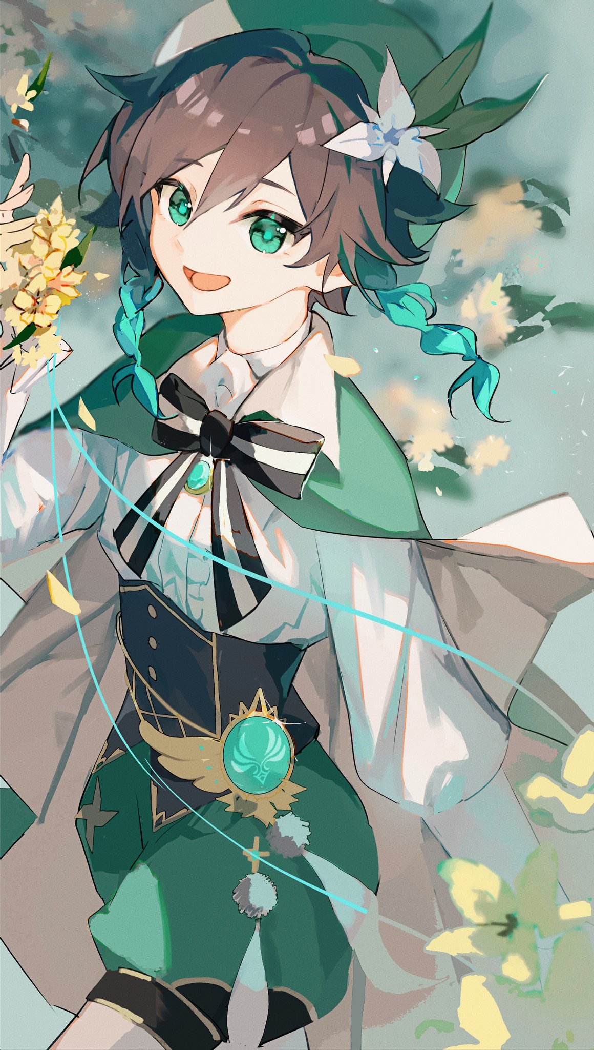1boy androgynous aqua_eyes aqua_hair bangs beret black_hair black_neckwear braid brooch cape collared_cape corset eyebrows_visible_through_hair flower genshin_impact gradient_hair green_cape green_headwear green_shorts hair_flower hair_ornament hat highres holding holding_flower jewelry juliet_sleeves long_sleeves male_focus multicolored_hair open_mouth puffy_sleeves shirt short_hair_with_long_locks shorts smile solo tongzhiz twin_braids venti_(genshin_impact) white_flower white_shirt yellow_flower