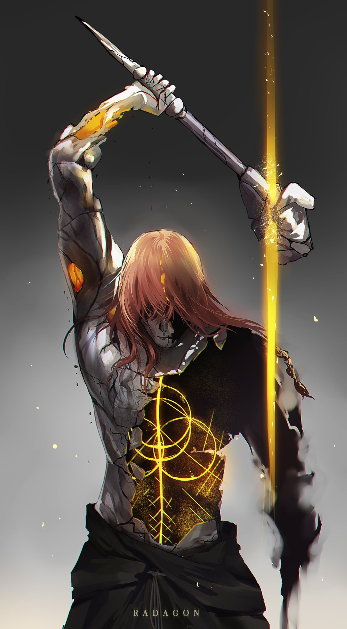 1boy 2ndeminence character_name colored_skin cracked_skin elden_ring elden_ring_(object) grey_skin hammer hand_up highres holding holding_hammer holding_weapon hole_in_chest hole_on_body incoming_attack long_hair male_focus radagon_of_the_golden_order redhead solo spoilers waist_cape weapon