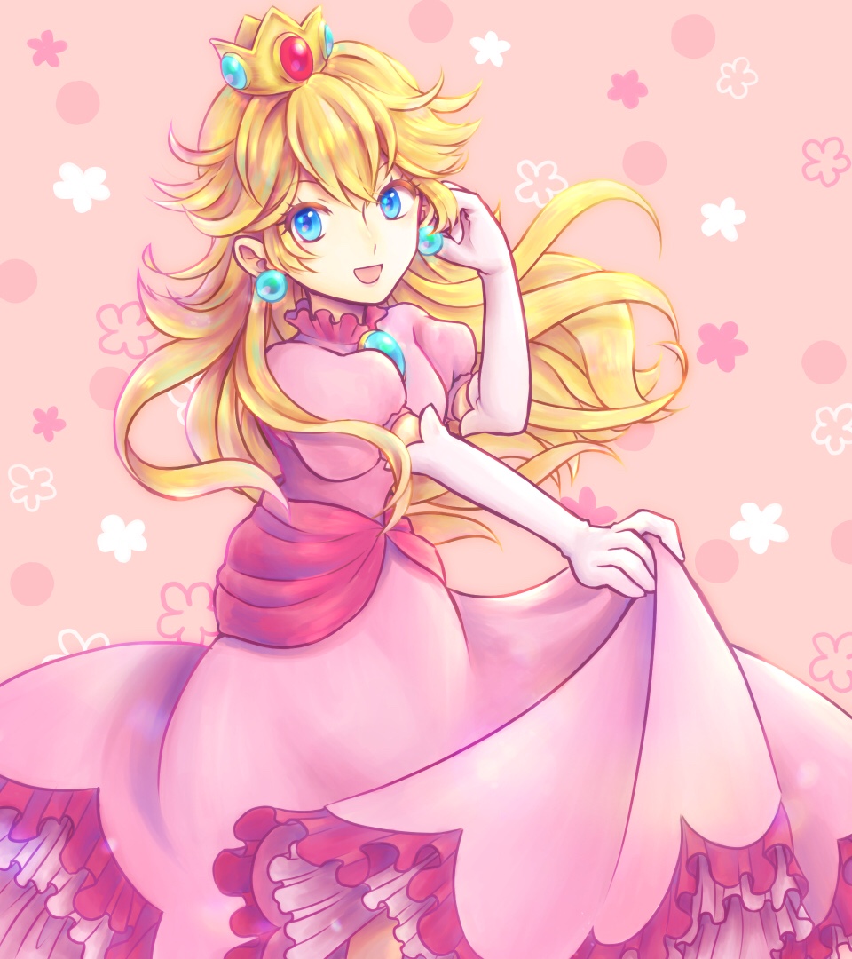 1girl agisato blood blue_eyes brooch crown dress dress_pull earrings eyebrows_visible_through_hair floral_background jewelry long_dress long_sleeves nose open_mouth pink_background pink_dress princess princess_peach skirt_hold smile solo super_mario_bros. tiara
