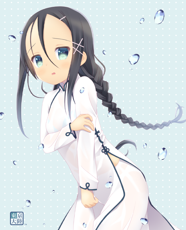 1girl artist_logo artist_name black_hair blue_background blue_eyes blush braid braided_ponytail bralines commentary_request cowboy_shot dress frown hair_between_eyes hair_ornament hairclip hand_on_own_arm high_collar kurasawa_kyoushou leaning_forward long_hair long_sleeves looking_at_viewer open_mouth original pantylines pelvic_curtain polka_dot polka_dot_background see-through single_braid solo standing vietnamese_dress water_drop wet wet_clothes wet_dress white_dress x_hair_ornament