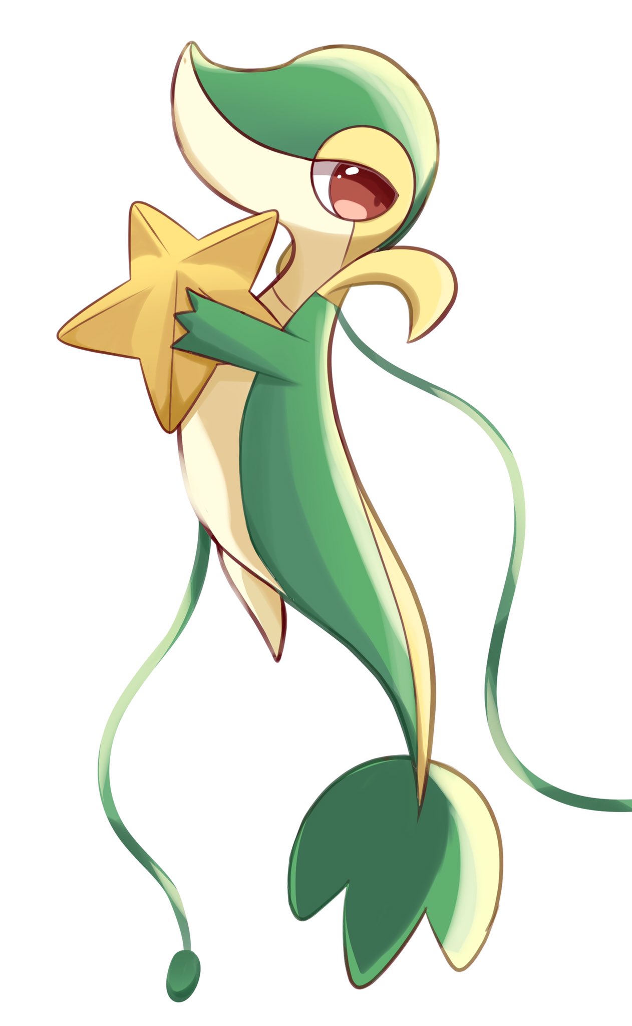 full_body highres holding karuthi looking_at_viewer no_humans pokemon pokemon_(creature) red_eyes simple_background snivy solo star_(symbol) white_background