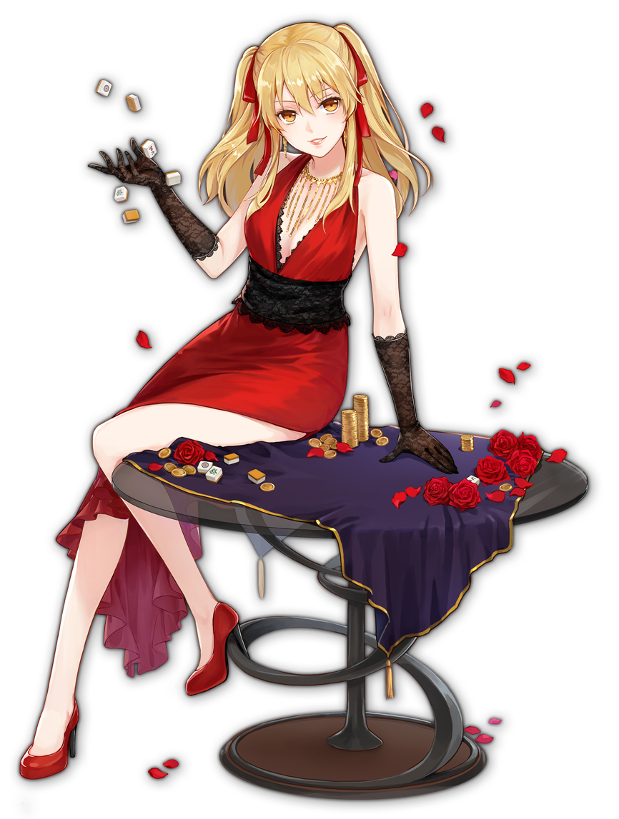1girl artist_request black_gloves blonde_hair dress elbow_gloves eyebrows_visible_through_hair flower game_cg glass_table gloves gold_coin high_heels jewelry kakegurui lips looking_at_viewer mahjong mahjong_soul mahjong_tile necklace official_art petals red_dress red_flower red_footwear red_ribbon red_rose ribbon rose saotome_meari simple_background sitting sitting_on_table smile table tablecloth tassel third-party_source transparent_background twintails yostar