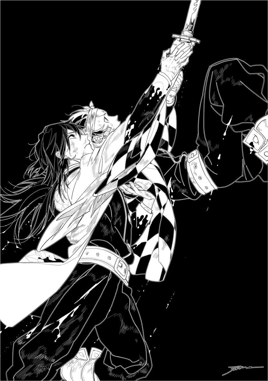 2boys bandaged_head bandages belt bruise checkered_clothes commentary demon_slayer_uniform dirty dirty_clothes dirty_face earrings feet_out_of_frame from_side hand_on_another's_back haori highres holding holding_sword holding_weapon injury japanese_clothes jewelry kamado_tanjirou katana kimetsu_no_yaiba long_hair long_sleeves male_focus multiple_boys outstretched_arm outstretched_arms pants profile pushing reaching ruint shin_guards signature simple_background standing standing_on_one_leg sword tomioka_giyuu two-handed water weapon