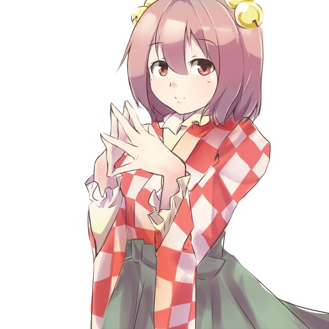 1girl apron bell character_name checkered checkered_clothes checkered_kimono checkered_shirt clothes_writing cosplay ginnkei hair_bell hair_ornament hieda_no_akyuu japanese_clothes jingle_bell kimono long_sleeves looking_at_viewer motoori_kosuzu motoori_kosuzu_(cosplay) red_eyes shirt simple_background solo steepled_fingers touhou two_side_up white_background wide_sleeves