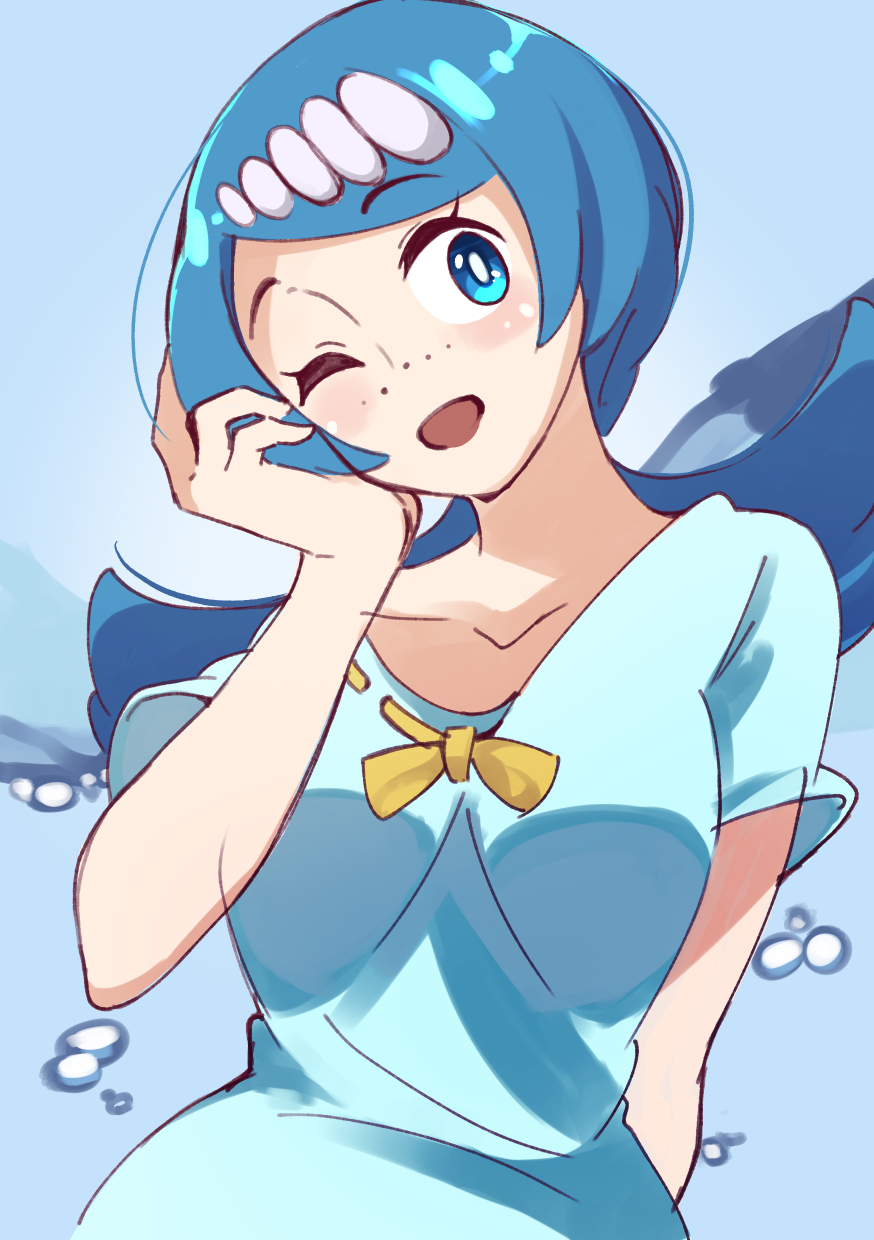1girl 34_(sanjushi) blue_eyes blue_hair blush breasts freckles hair_ornament highres lana's_mother_(pokemon) long_hair looking_at_viewer mature_female open_mouth pokemon pokemon_(anime) pokemon_sm_(anime) simple_background smile solo