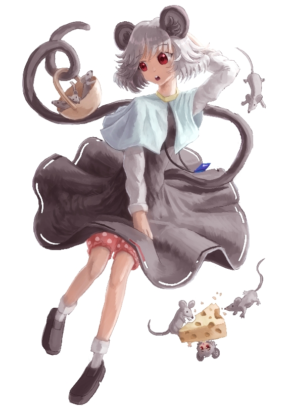 2girls animal_ears arm_behind_head bangs basket black_footwear bloomers blue_capelet capelet cheese commentary_request cookie_(touhou) crystal dress eyebrows_visible_through_hair food full_body grey_dress grey_hair jewelry long_sleeves looking_to_the_side mouse mouse_ears mouse_girl mouse_tail multiple_girls nazrin nyon_(cookie) open_mouth pendant polka_dot raion_(raine) red_bloomers red_eyes shirt shoes short_hair simple_background socks solo_focus swiss_cheese tail touhou underwear when_you_see_it white_background white_legwear white_shirt