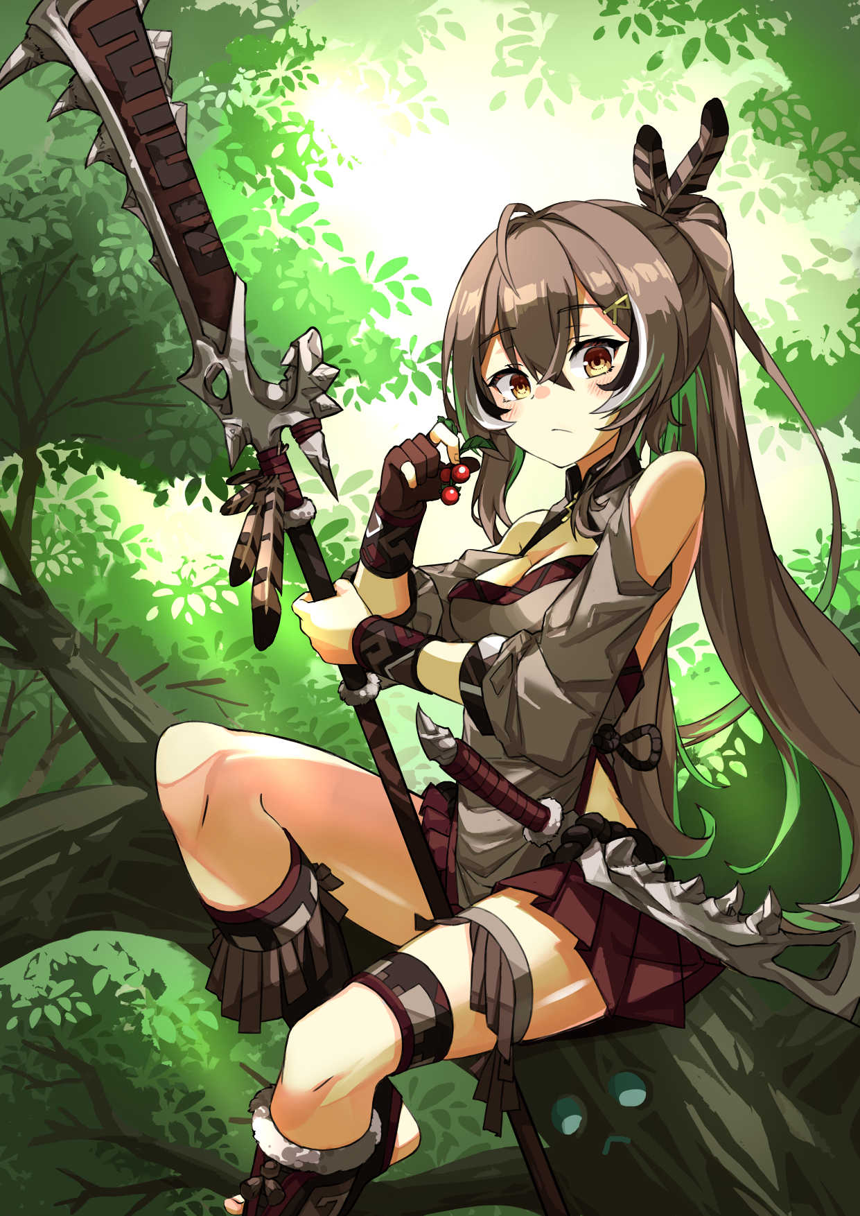1girl ahoge alternate_costume berry bone boots branch brown_eyes brown_hair brown_shirt dagger detached_sleeves feather_hair_ornament feathers friend_(nanashi_mumei) gloves hair_ornament hairclip highres hololive hololive_english in_tree knife leaf long_hair looking_at_viewer multicolored_hair naginata nanashi_mumei partially_fingerless_gloves polearm ponytail sharp_teeth shirt single_glove sitting sitting_in_tree skychengsart streaked_hair teeth thigh_strap toeless_footwear tree very_long_hair virtual_youtuber weapon wristband