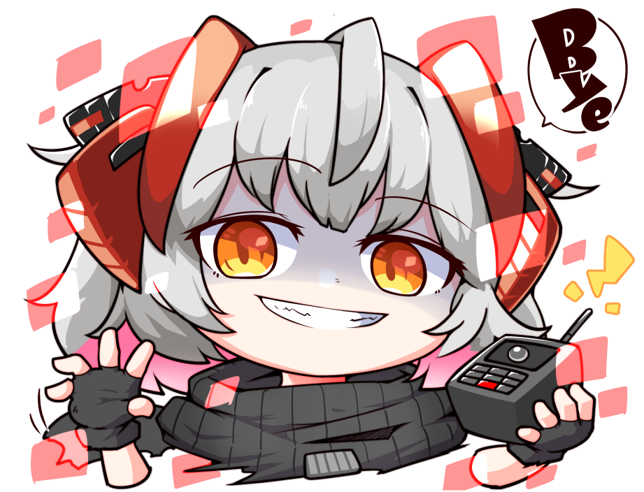 1girl arknights chibi clenched_teeth commentary dark detonator english_text eyebrows_visible_through_hair fingerless_gloves gloves grey_hair hair_between_eyes hair_ornament holding horns kado_(hametunoasioto) looking_at_viewer multicolored_eyes multicolored_hair red_eyes redhead sharp_teeth solo speech_bubble teeth two-tone_hair upper_body w_(arknights)