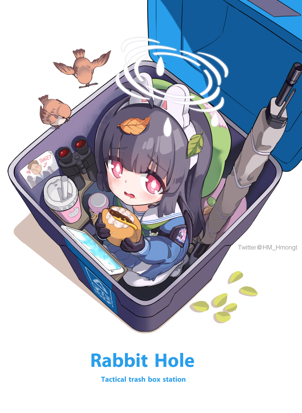 1girl arrow_(symbol) bin black_hair blue_archive blue_serafuku burger cheese cup disposable_cup drink drinking_straw eating food green_neckerchief halo highres hm_(hmongt) holding holding_food leaf looking_at_viewer miyu_(blue_archive) neckerchief recycle recycling_symbol red_eyes school_uniform serafuku solo trapped trash_can twig