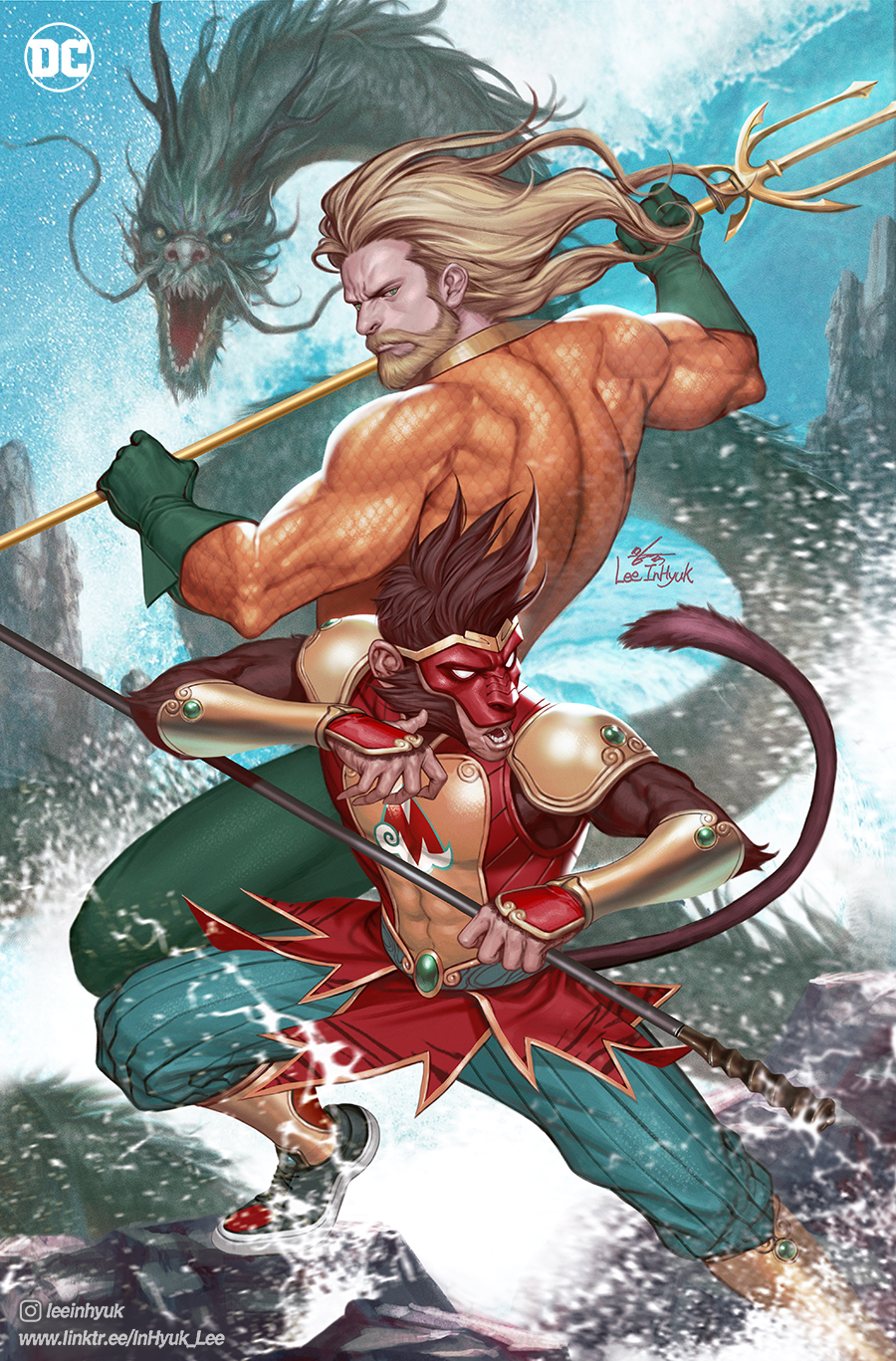 2boys abs animal_ears aquaman_(dc) armor artist_name beard blonde_hair closed_mouth copyright_name dc_comics dragon drawing english_commentary facial_hair fighting_stance forehead gloves gold_trim green_gloves highres holding holding_trident in-hyuk_lee looking_back lower_teeth male_focus mask monkey_boy monkey_ears monkey_tail multiple_boys muscular muscular_male open_mouth original outdoors painting polearm sharp_teeth shoes shoulder_armor signature sleeveless sneakers splashing tail teeth toned toned_male trident weapon web_address white_eyes