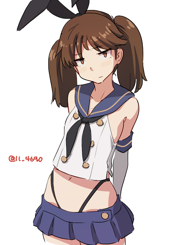 1girl 4690_(tkpbsk) black_hairband black_neckerchief black_panties blue_skirt brown_eyes brown_hair cosplay crop_top elbow_gloves flat_chest gloves hairband highleg highleg_panties kantai_collection microskirt neckerchief panties pleated_skirt ryuujou_(kancolle) school_uniform serafuku shimakaze_(kancolle) shimakaze_(kancolle)_(cosplay) skirt solo thong twintails underwear white_gloves