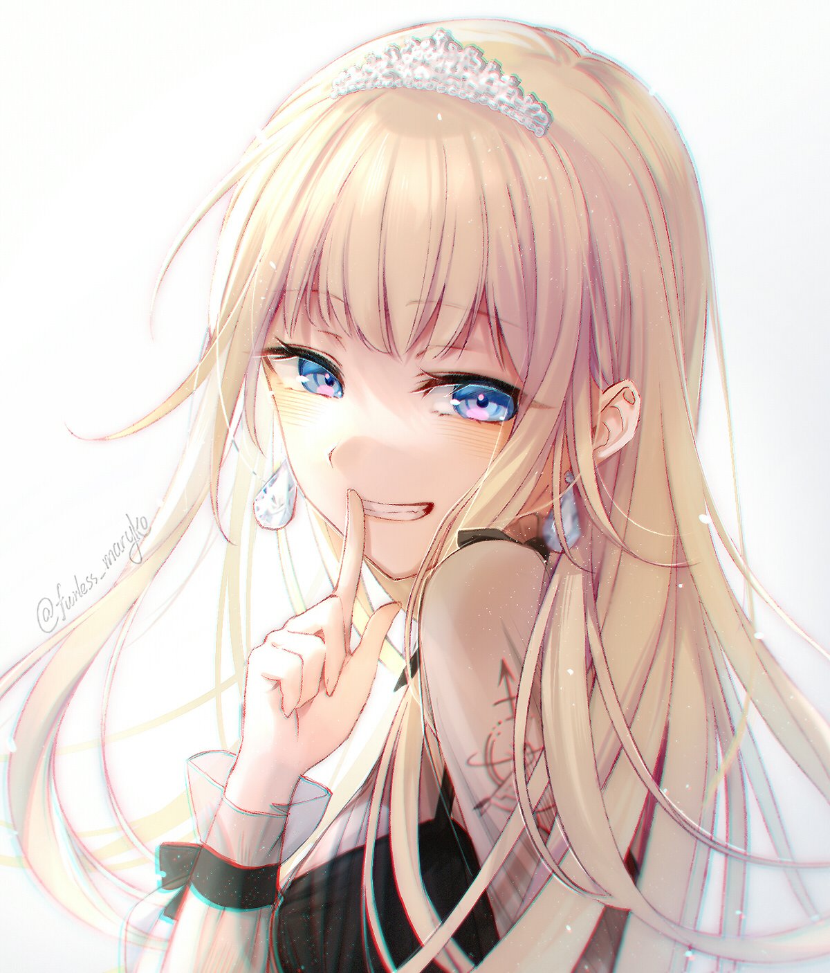 1girl blonde_hair blue_eyes diamond_earrings dress earrings finger_to_mouth formal grin highres hololive hololive_english jewelry long_hair mary_(14476764) see-through_sleeves simple_background smile solo tiara twitter_username upper_body virtual_youtuber watson_amelia white_background